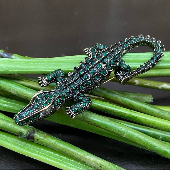 Antique Style Green Alligator Gator Crocodile Rhinestones Bling Brooch - Picture 1 of 12